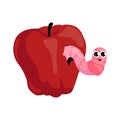 Worm and apple. Cartoon caterpillar character digging hole in red sweet fruit. Insect eating garden natural food. Little Royalty Free Stock Photo