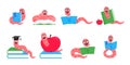 Worm with apple cartoon character icon sigh. Worm with face expression set