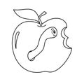 Worm in apple cute funny black and white cartoon vector illustration for coloring art Royalty Free Stock Photo