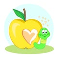 A worm and a bitten Apple. Love and the heart. Valentine`s day. Postcard with a funny character. I miss you. Vector