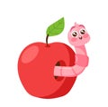 Worm Or Caterpillar Cartoon Character Stick Out Of Garden Apple. Earth Or Soil Earthworm Insect. Nature Creature