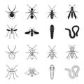 Worm, centipede, wasp, bee, hornet .Insects set collection icons in black,outline style vector symbol stock illustration