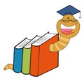 Worm graduate crawling through colorful books