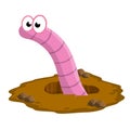 Worm in hole. Cute little character. Pink insect in nature