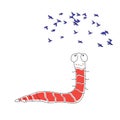 Worm looks flying birds. Worm cartoon vector illustration. Royalty Free Stock Photo