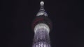 Worm`s-eye view footage of the lattice tower Tokyo Skytree at night.