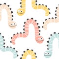 Worm snake seamless pattern. Monster in striped. Cute cartoon character in simple hand-drawn Scandinavian style. Vector