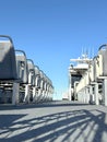 Worms eye view of upper deck of ferry seating and boathouse. Royalty Free Stock Photo