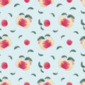 Worms on the red apple watercolor seamless pattern on blue background