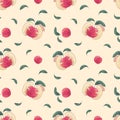 Worms on the red apple watercolor seamless pattern on yellow background