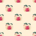 Worms on the red apple watercolor seamless pattern on yellow background