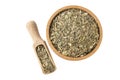 Wormwood herb or in latin Absinthii herba herb in wooden bowl and scoop isolated on white background. medicinal healing herbs. Royalty Free Stock Photo