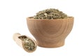 Wormwood herb or in latin Absinthii herba herb in wooden bowl and scoop isolated on white background. medicinal healing herbs Royalty Free Stock Photo