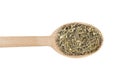 wormwood herb or in latin Absinthii herba herb in wooden spoon isolated on white background. medicinal healing herbs. Royalty Free Stock Photo