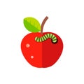 wormy red apple with a green leaf. flat vector illustration