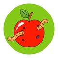 wormy red apple with a green leaf.