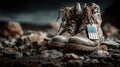 Worn army boots with dog tag on rocky ground Royalty Free Stock Photo