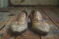 Worn Ballet Slippers on a Vintage Wooden Floor The soft leather blurs against the grain Royalty Free Stock Photo