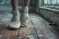 Worn Ballet Slippers on a Vintage Wooden Floor The soft leather blurs against the grain Royalty Free Stock Photo