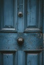 A worn blue door with a traditional doorknob.