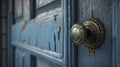 A worn blue door with a traditional doorknob.