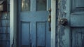 A worn blue door with a traditional doorknob.