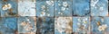 Worn Blue and White Vintage Patchwork Tile Texture with Floral Print Seamless Pattern for Background or Banner Design Royalty Free Stock Photo