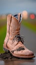 Worn brown cowboy boot on muddy path at sunset Royalty Free Stock Photo