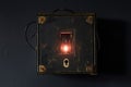 Vintage electrical box with illuminated switch on dark wall at nighttime Royalty Free Stock Photo