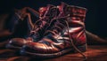 Worn leather boots lace up for winter hike generated by AI