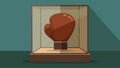 A worn leather boxing glove signed by a famous boxer from the 1920s proudly displayed in a glass case.. Vector