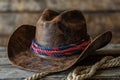 A worn leather cowboy hat adorned with a red, white, and blue rope Royalty Free Stock Photo