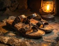 Worn leather sandals rest on stone surface with lit lantern in background Royalty Free Stock Photo