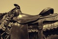 Worn leather western horse saddle