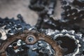 Worn mountain bike components - chain rings, cassette and chain. Royalty Free Stock Photo