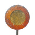 Worn obsolete scandinavian prohibited entry traffic sign with fungus. Red circle around yellow center. Isolated, png