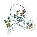 grunge sticker with banner of a skull