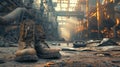 A worn-out pair of work boots lie abandoned on a dusty floor, empty factory assembly line in the background