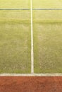 Worn out plastic hairy carpet on outside hanball court. Floor with colorful marking lines. Royalty Free Stock Photo