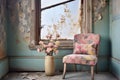 A Worn-out Wooden Chair With A Pastel Floral Cushion Beside A Distressed Window Frame