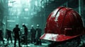 Worn red hard hat in a construction site atmosphere Royalty Free Stock Photo