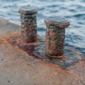 Worn rusty bollards on old concrete pier Royalty Free Stock Photo