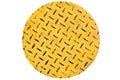 Worn safety bumps on yellow painted metal floor. Round plate, isolated against white background