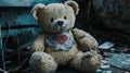 abandoned teddy bear with heart patch, dark scene Royalty Free Stock Photo
