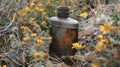 A worn and weathered whiskey flask nestled a a bed of delicate wildflowers a hidden treasure amidst the harsh and