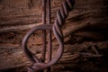 Worn Wood On Rustic Fence Post With Barbed Wire