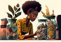 Worried African-American woman counting her savings. White background