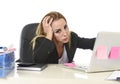 Worried attractive businesswoman in stress working with laptop c Royalty Free Stock Photo