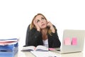 Worried attractive businesswoman in stress working with laptop c Royalty Free Stock Photo