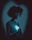 A worried black woman stands vigilant in the night her hand hovering close to her heart as the shadows loom around her